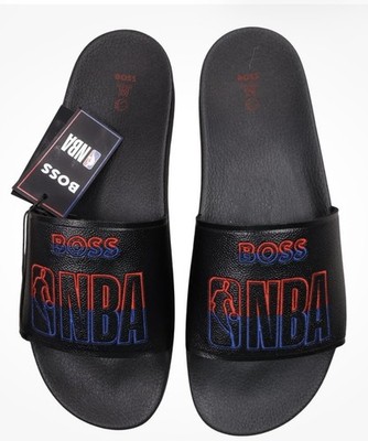NEW Hugo BOSS NBA Logo Slides Sandals Casual Made in Italy Black Size 44 US 11