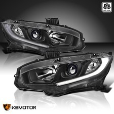 Fits 2016-2021 Honda Civic Jdm Black Halogen Led Drl Projector Headlights Pair