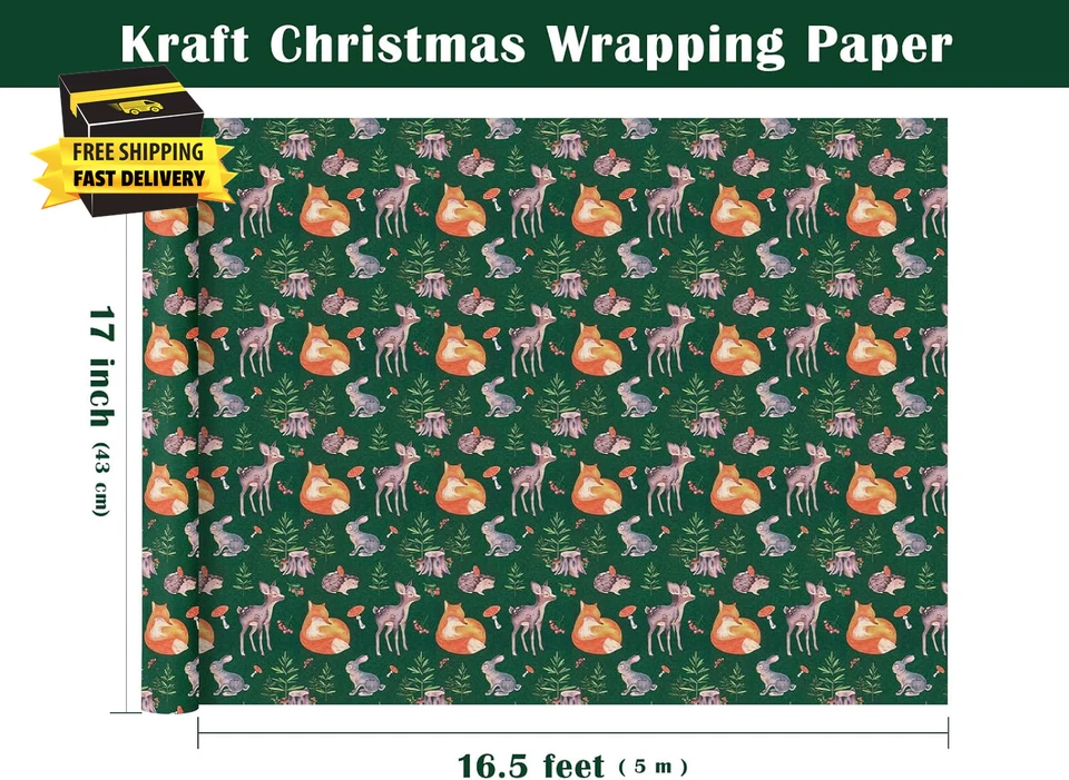 Kraft Woodland Christmas Wrapping Paper - Mini Roll - 17 Inch X 16.5 Feet - Wate - Image 3 of 4