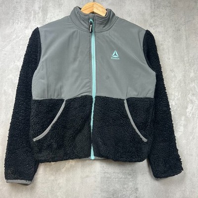 Reebok Fleece Kinder 10/12 grau durchgehender Reißverschluss Farbblock Sherpa Freizeit Schule Jacke