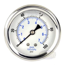 100 PSI Air Pressure Gauge Liquid Filled Center Back Mount 2.5" Face 202L-254E