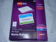 new old stock Avery 74540 Pin Style Name Badge 100 badges 3" x 4" laser inkjet