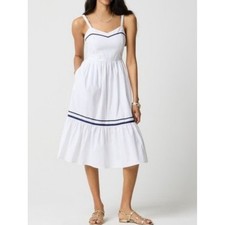 J. Crew Corset Midi Dress Cotton Poplin White Blue Sleeveless Pockets Smocked 8
