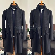 Wool Men's Long Overcoat Peak Lapel Formal Business Double Breasted Outdoor Coat
