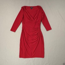 Lauren Ralph Lauren Dress Womens 8 Red Ruched Faux Wrap Sheath 3/4 Sleeve Slinky