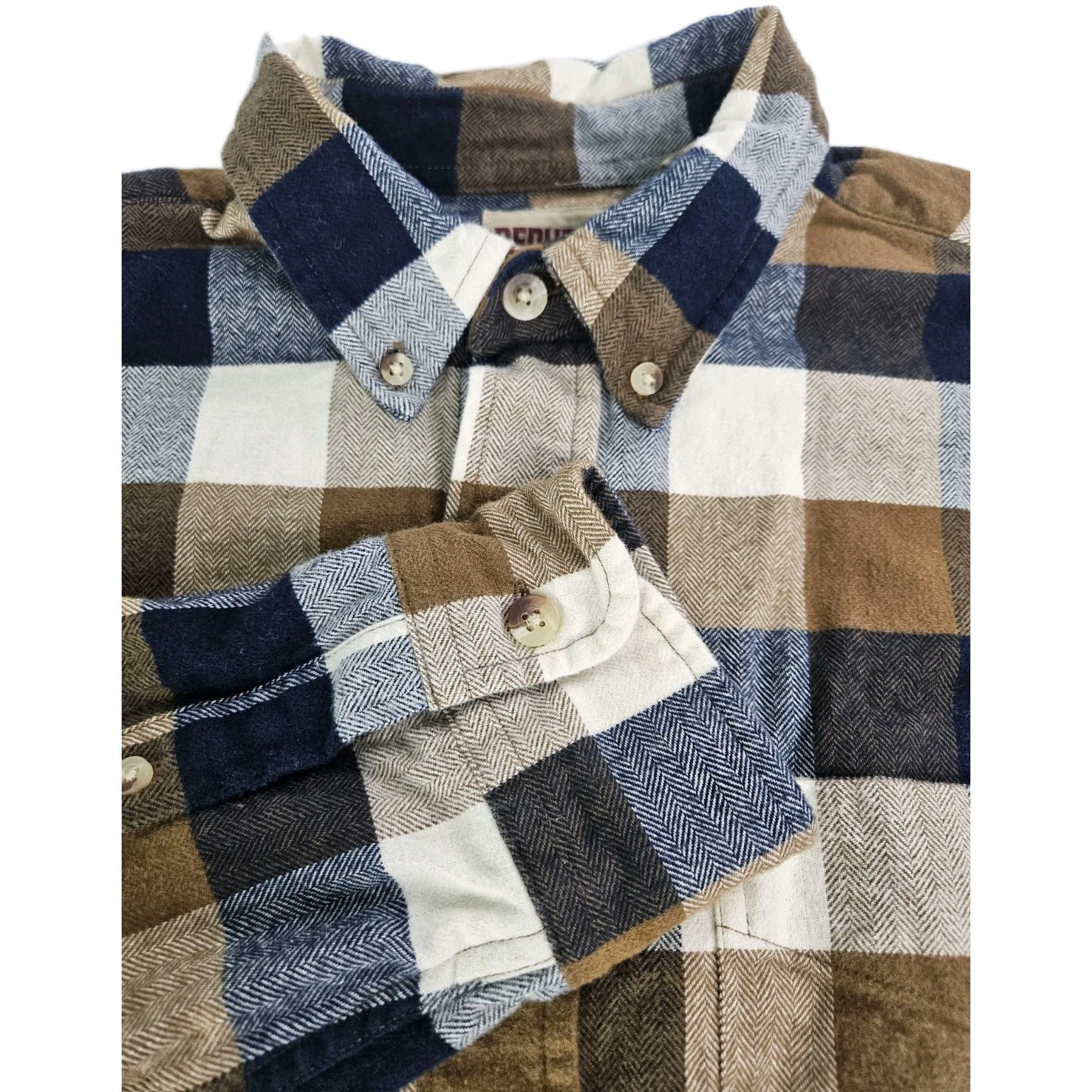 Redhead Bass Pro Flannel Shirt Men L Brown Blue Plaid Long Sleeve Workwear