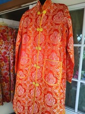 Vintage Orange Brocade Chinese Robe, 2 Front Pockets, Satin Trim, Mandarin...