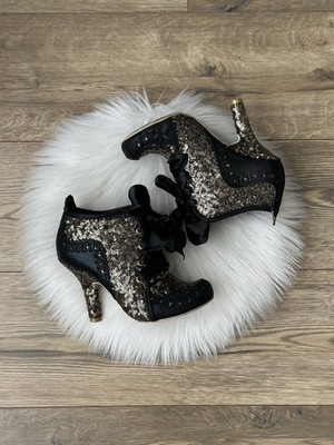 Irregular Choice Abigail s Party Black Gold Sequin Heels Boots EU 39 UK 6 US 8