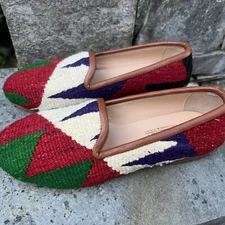 Ocelot Market Turkish Kilim Rug Loafer Flats Leather   Sz EU 38  US 7 7 1/2 EUC
