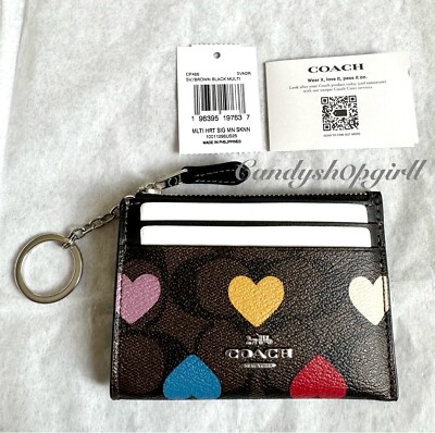 NEW COACH Signature Coated Canvas Heart Print Mini Skinny ID Card Case Key Ring