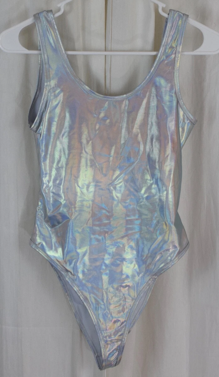 Leg Avenue Women’s Holographic Metallic Spandex High Cut Bodysuit Size Small