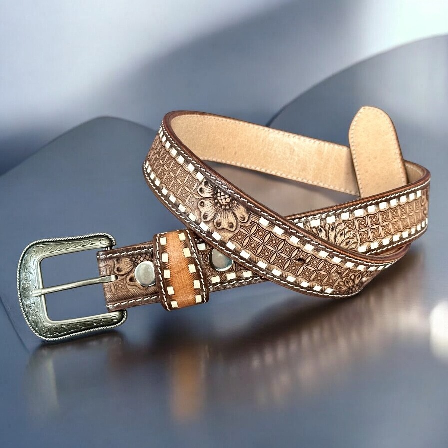 Western Belt For Men Cowboy Full Grain Leather Hand Tooled With