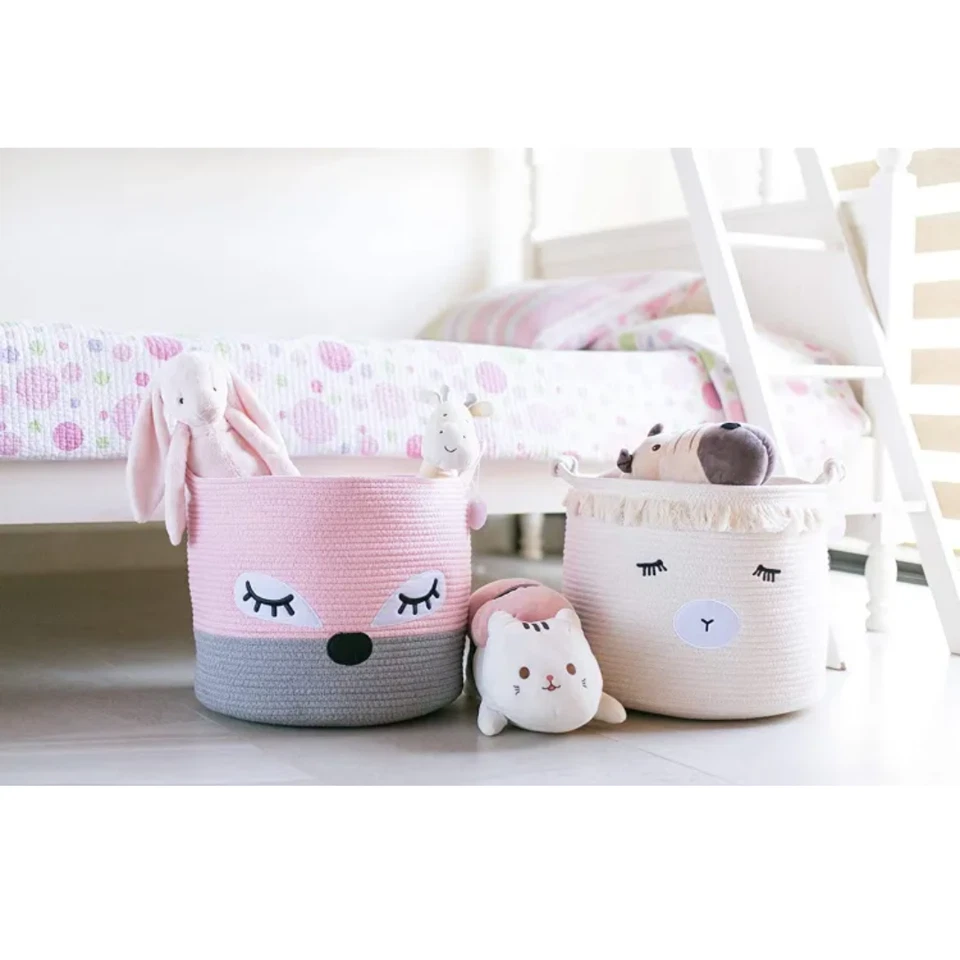 Pink Fox Basket Baby Hamper Nursery Storage Kids Nursery Laundry Rope Basket  Foto 3 de 4