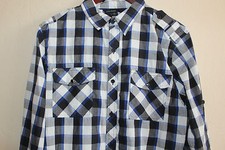 Mens Straight Faded Long Sleeve Plaid Shirt Blue / White - Medium - Cotton Blend