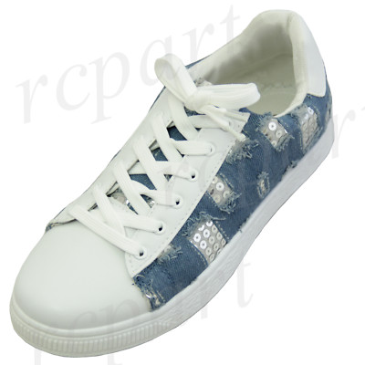New women's shoes casual walking lace up shoes sequins white with Blue Denim