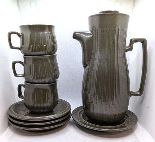 Vintage Red Wing Pottery Coffee Pot Set Drip Tray 3 Cups and Saucers Olive Green