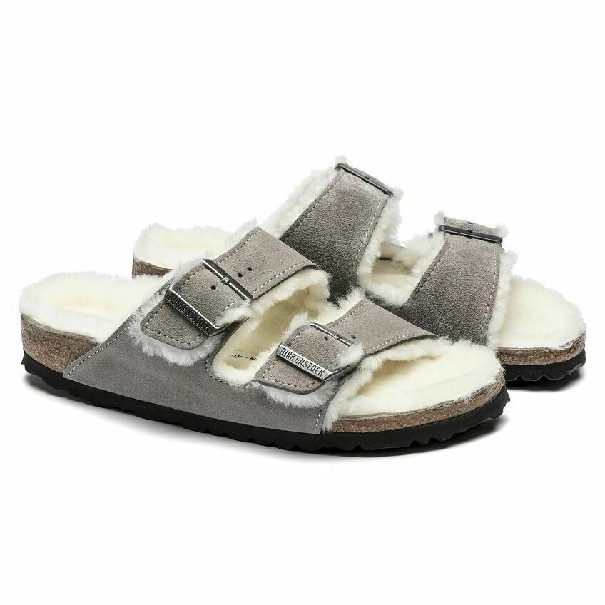 New in-Box Birkenstock Arizona Shearling Sandals Suede Stone Coin