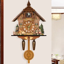 Multi-colored House Cuckoo Clock Carved Wooden Wall Clock with Bird Chiming