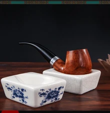 2PC Ceramics Blue and White Smoking Single Pipe Stand Rack Tobacco Holder Tool