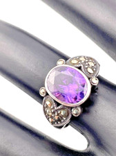 925 STERLING SILVER PURPLE CZ MARCASITE RING SIZE 6.5 DECO-STYLE BOHO 2342