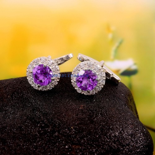 Natural Amethyst & CZ Gemstones with 925 Sterling silver Cufflinks for Men's #20 - Picture 5 of 6