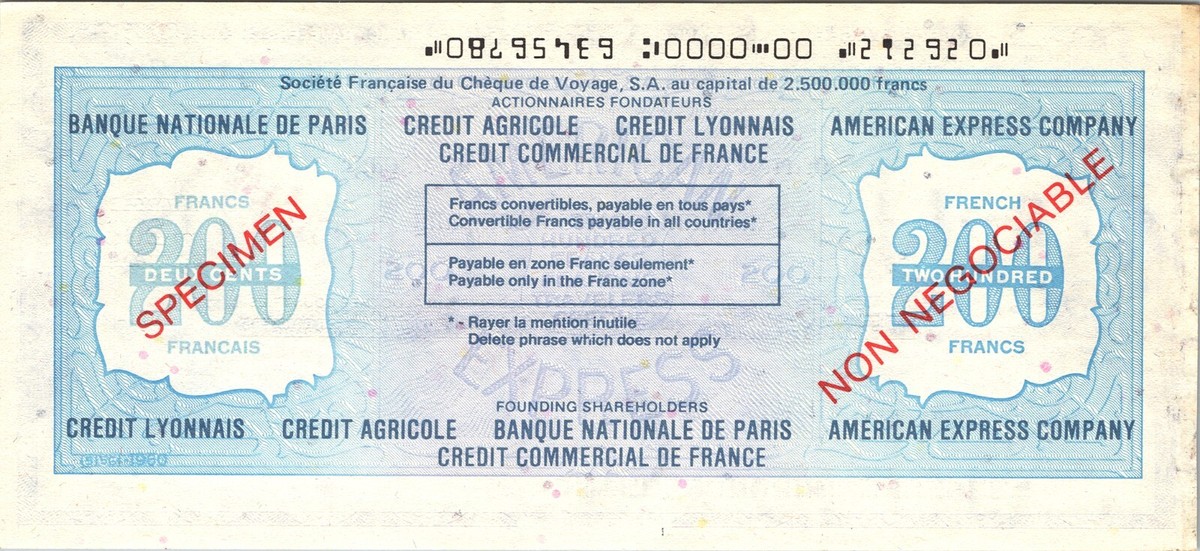 France SPECIMEN, American Express Company Travellers Cheque, 200
