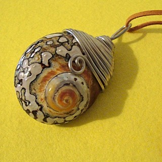 EINE MUSCHEL mit Metallfassung als Anhänger an einem Lederband