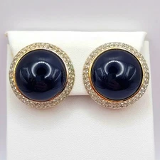 Vtg Runway Designer Nina Ricci Round GoldTone Faux Onyx Cabochon ClipOn Earrings