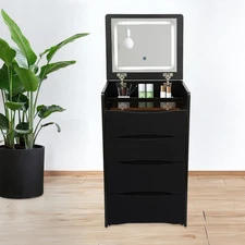 Black Makeup Vanity Table Vanity Desk With Flip Top Lighted Mirror And Stool