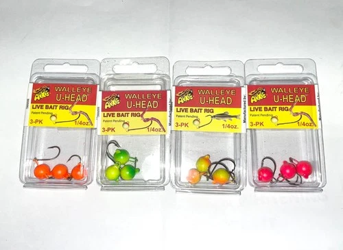 8 PACKS OF ARKIE WALLEYE U-HEAD LIVE BAIT RIG 24 JIGS - 4 ASSORTED SHOWN COLORS!