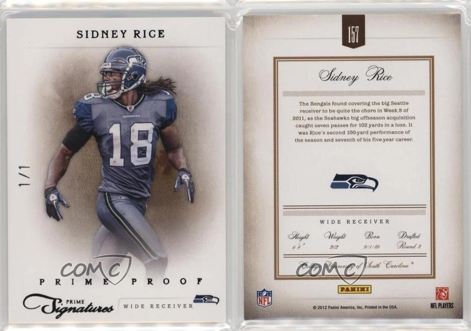2011 Panini Prime Signatures Prime Proof Black 1/1 Sidney Rice #157 6ed - Image 3 of 3