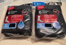 2 PACKS OF Hanes Mens Crew Socks 6 PAIR PER PACK BLACK 6-12 SIZE - 12 PR TOTAL