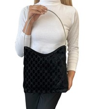 GUCCI Vintage GG Monogram Logo Velour Shoulder Bag Black Silver Handle