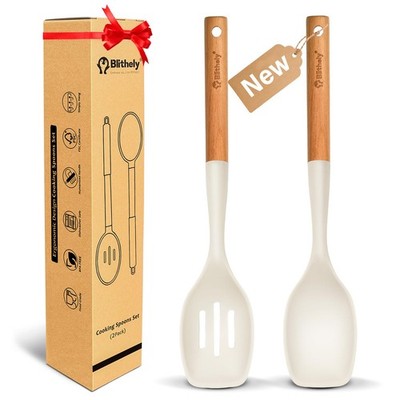 2 PCS Large Silicone Cooking Spoon Set Nonstick Solid Slotted Spatula Wooden