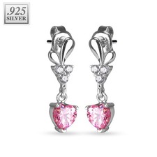 .925 Sterling Silver Earrings w/Pink CZ Dangling Heart
