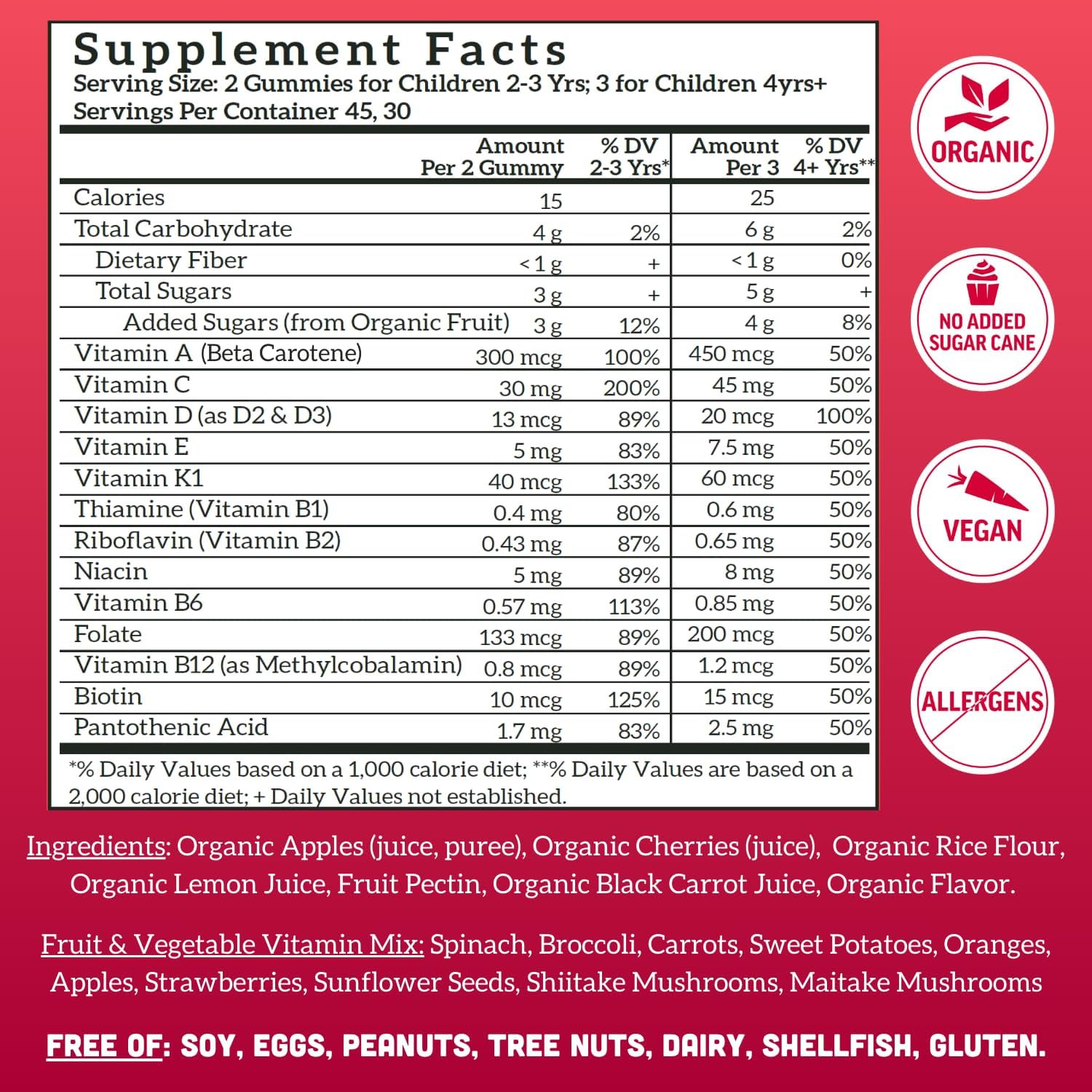 Llama Naturals Kids Multivitamin Gummies, Vegan, Organic with Vitamin D, C & K, 