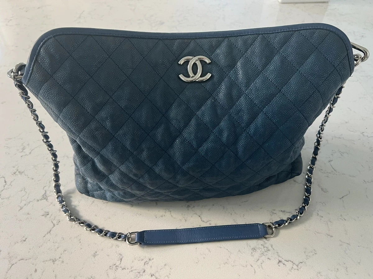 Chanel Blue French Riviera Hobo Shoulder Bag Handbag Quilted Caviar Leather