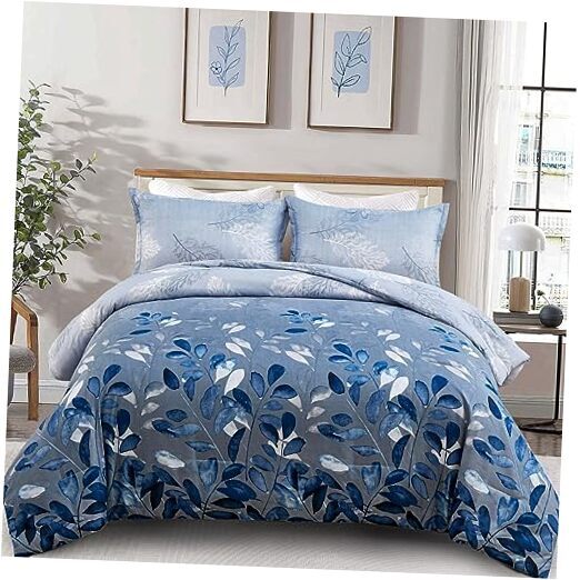 Comforter Set Navy Botanical Leaves Comforter for Bed 3 Pieces Queen Blue-image