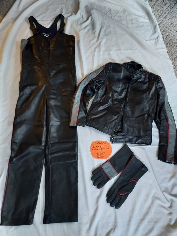 Harley Davidson AMF 3 Piece Vintage Leather Riding Gear Bibs jacket gloves lined