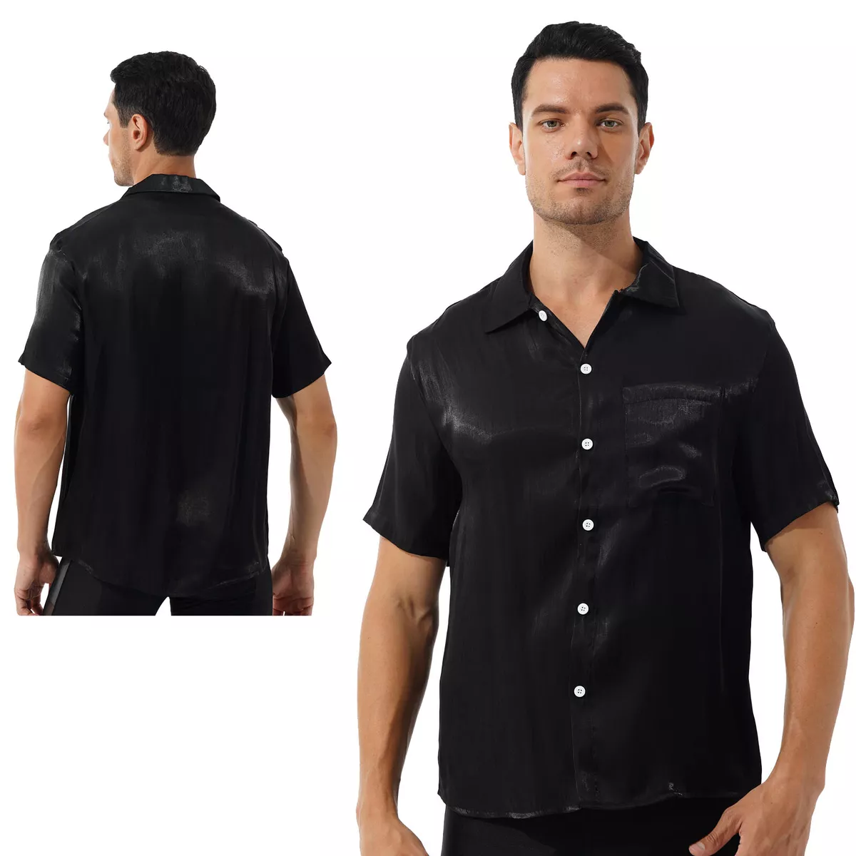 Men Shiny Glossy Like Satin Shirt Short Sleeve Button Down