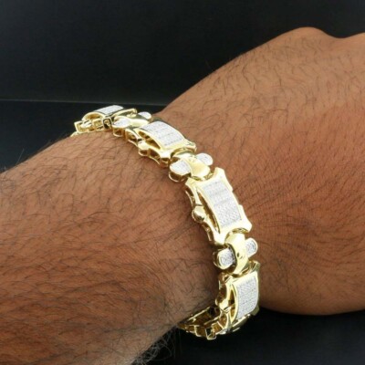 1 Ct Real Moissanite 14K Yellow Gold Plated Statement Link Men's Bracelets 8.50''