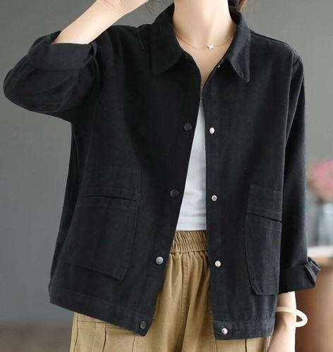 New Women's Cotton cargo Jacket Casual solid coat Long sleeve Short jacket gift - Picture 13 of 21