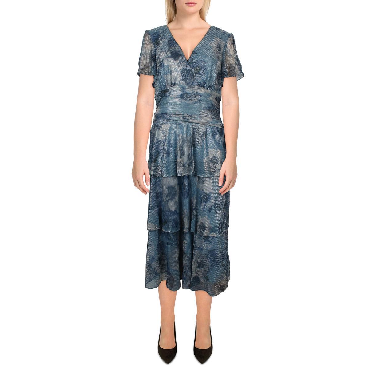 SLNY Womens Blue Metallic Split Sleeve Cocktail Midi Dress 14 BHFO 3778