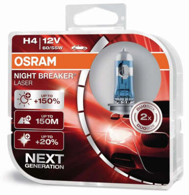 2x Stück OSRAM H4 12V 60/55W P43t NIGHT BREAKER LASER +150% Autolampe Glühbirne.