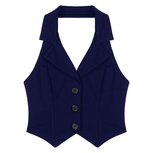 Women's V Neck Vest Lapel Halter Backless Button Down Pointed Hem Crop AU - Picture 19 of 53