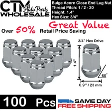 100 PC 1.4" TALL CHROME 1/2-20 BULGE ACORN LUG NUTS CLOSE END WHOLESALE SAVING