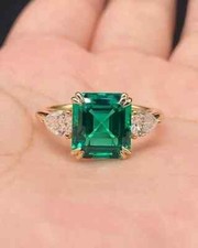 4Ct Natural Green Emerald Asscher Cut 3 Stone Ring 925 Sterling Silver Plated