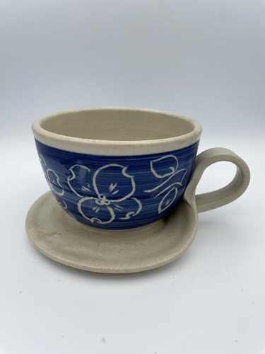 Vintage PJ Podyma Blue Hibiscus Flower Pottery Soup Mug Cracker Dish Attached 5"