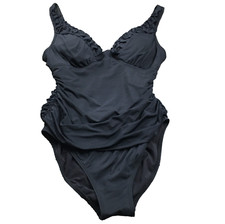 Jantzen Womens One-Piece Swimsuit Sz 10 Black Ruffle Side Ruched High Cut Leg