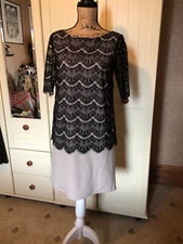 JAX Ladies Short Shift Dress Size 12 Beige Black Lace Layered Short Sleeve
